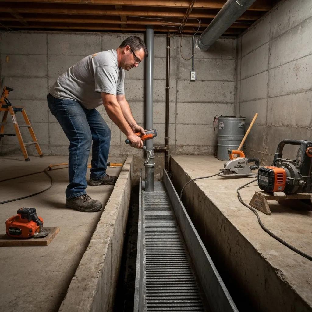 A licensed contractor expertly installing an interior drainage channel in a basement setting